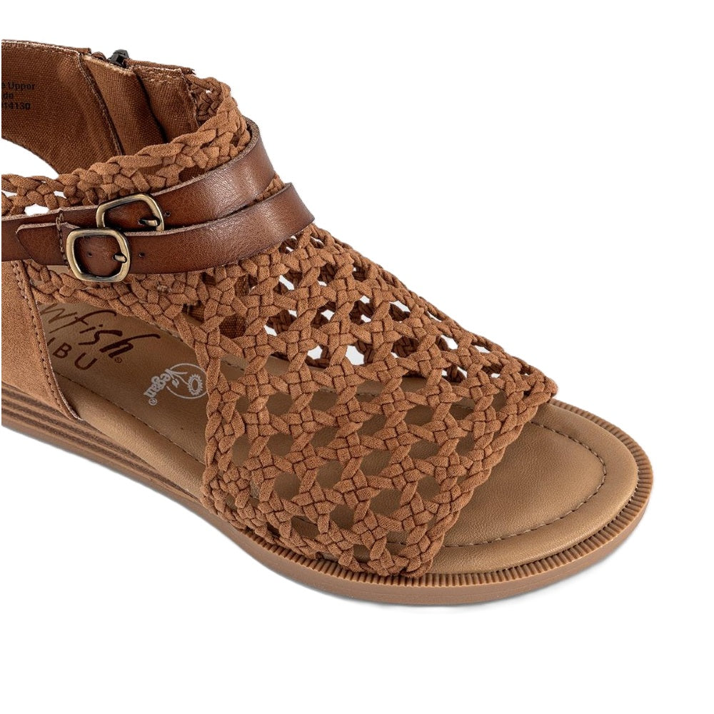Blowfish Malibu Anuella Women's Mesh Zip Up Low Wedge Vegan Gladiator Sandal Cognac Brown