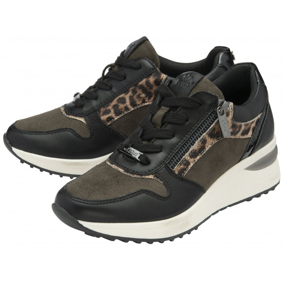 Lotus Moore Women's Zip Up / Lace Up Wedge Trainer Black Khaki