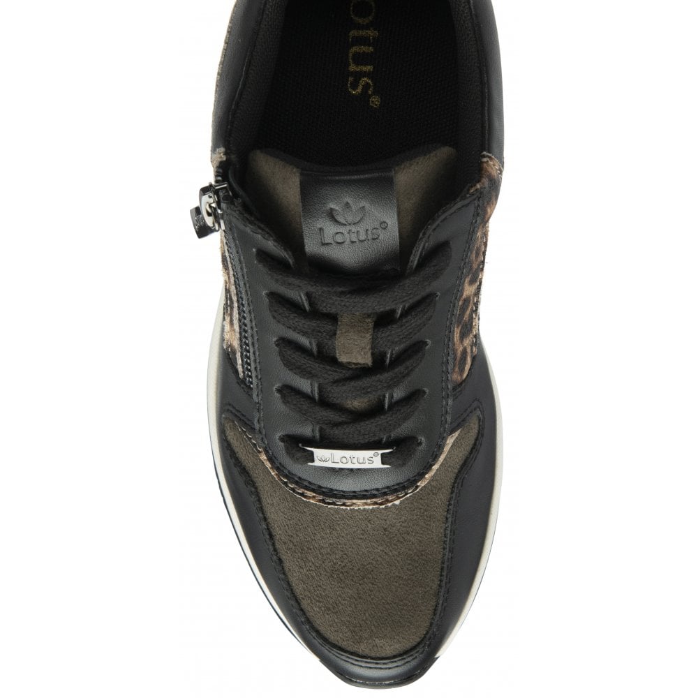 Lotus Moore Women's Zip Up / Lace Up Wedge Trainer Black Khaki