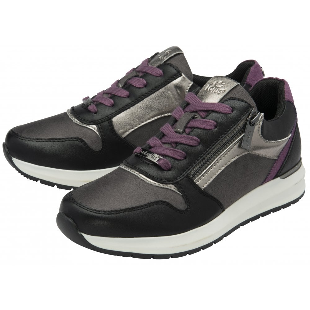 Lotus Venus Women's Zip Up / Lace Up Wedge Trainer Black Purple