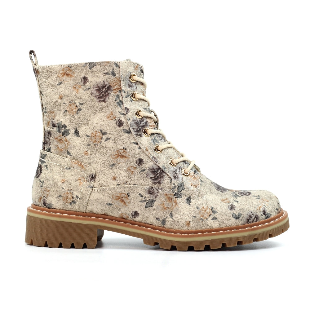 Lunar Dazzle Women's Combat Style Lace Up / Zip Up Ankle Boot Floral Beige