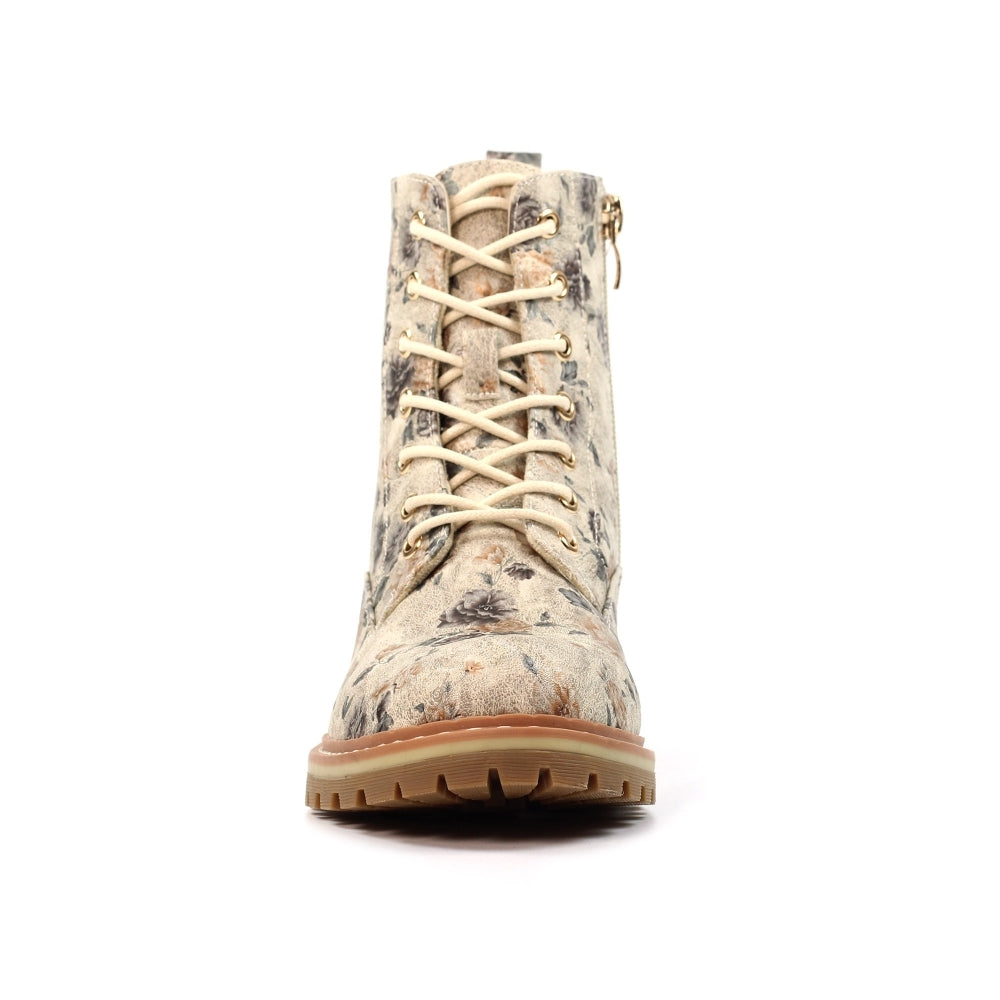 Lunar Dazzle Women's Combat Style Lace Up / Zip Up Ankle Boot Floral Beige