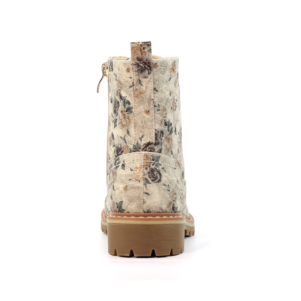 Lunar Dazzle Women's Combat Style Lace Up / Zip Up Ankle Boot Floral Beige