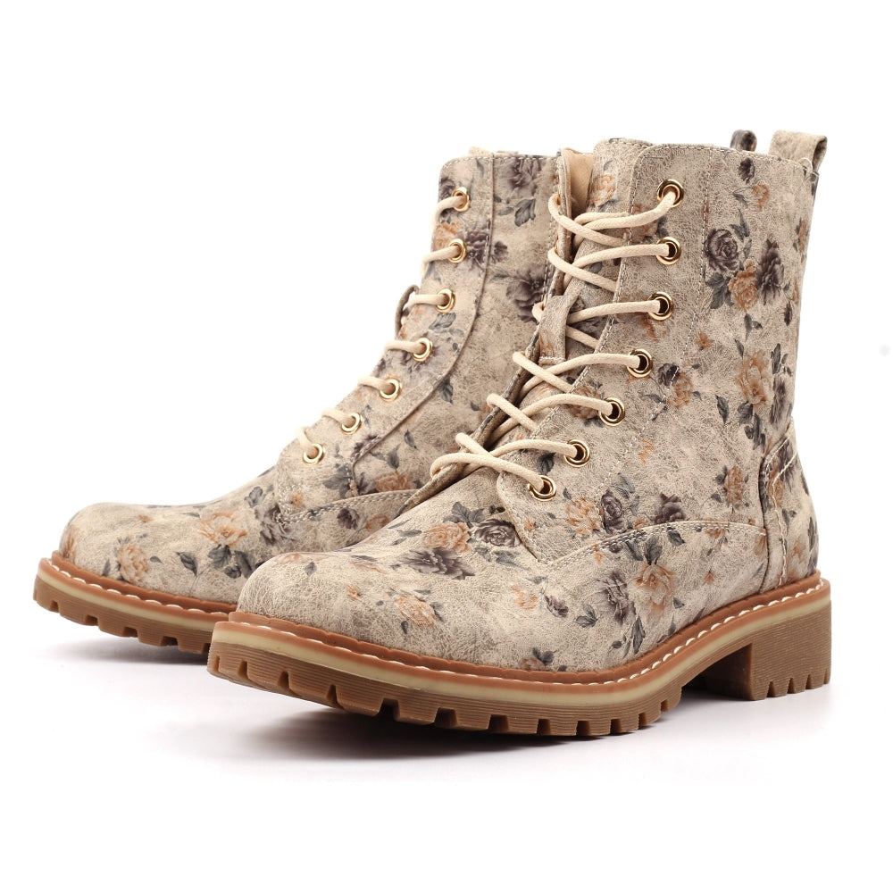 Lunar Dazzle Women's Combat Style Lace Up / Zip Up Ankle Boot Floral Beige