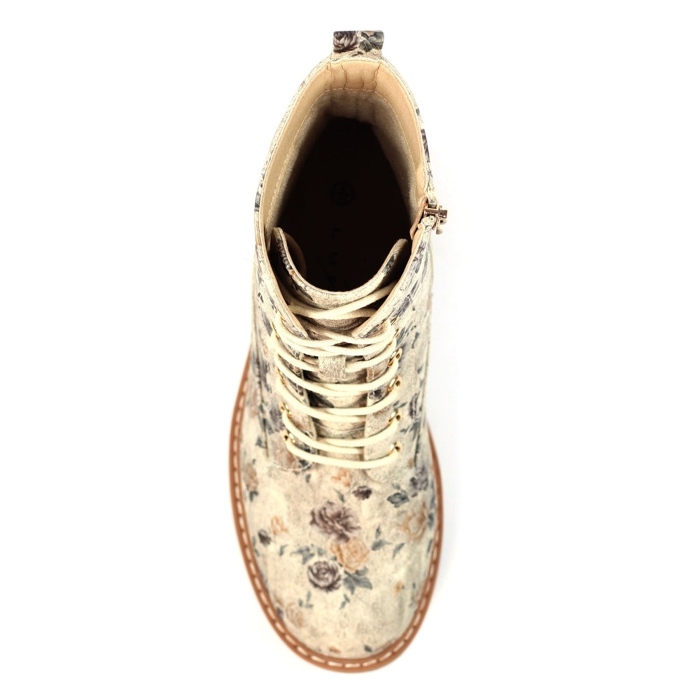 Lunar Dazzle Women's Combat Style Lace Up / Zip Up Ankle Boot Floral Beige