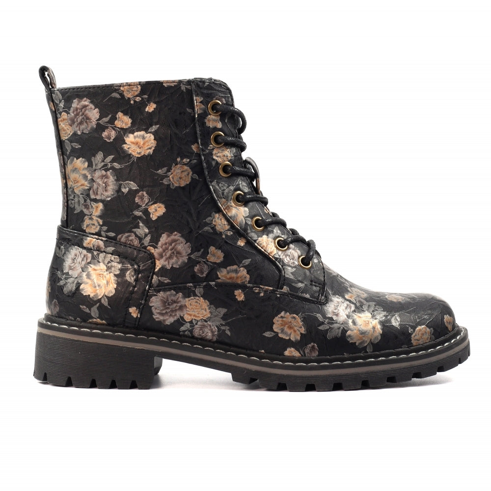 Lunar Dazzle Women's Combat Style Lace Up / Zip Up Ankle Boot Floral Black