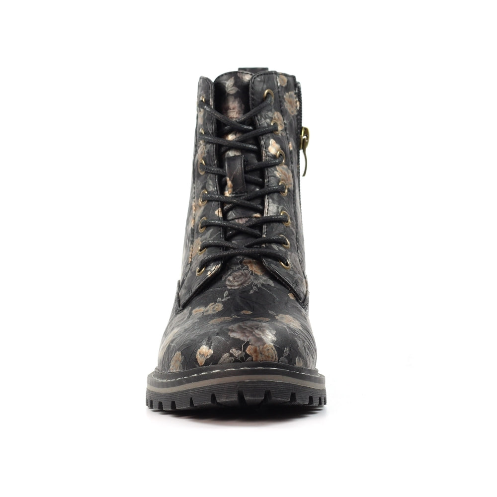 Lunar Dazzle Women's Combat Style Lace Up / Zip Up Ankle Boot Floral Black