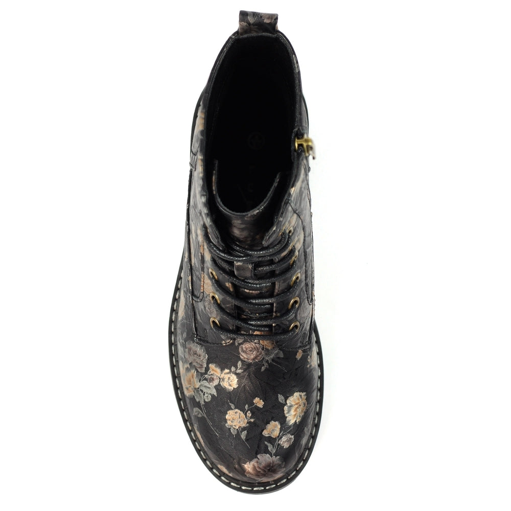 Lunar Dazzle Women's Combat Style Lace Up / Zip Up Ankle Boot Floral Black