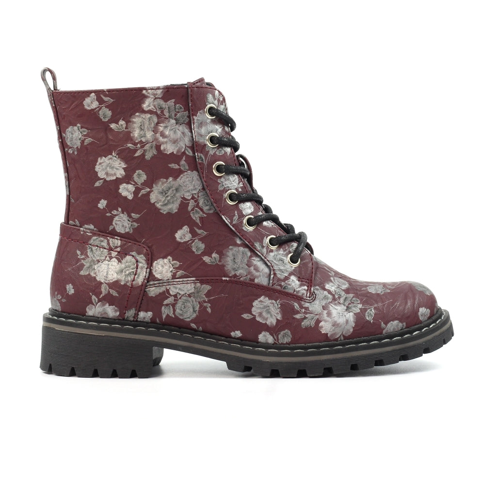 Lunar Dazzle Women's Combat Style Lace Up / Zip Up Ankle Boot Floral Burgundy