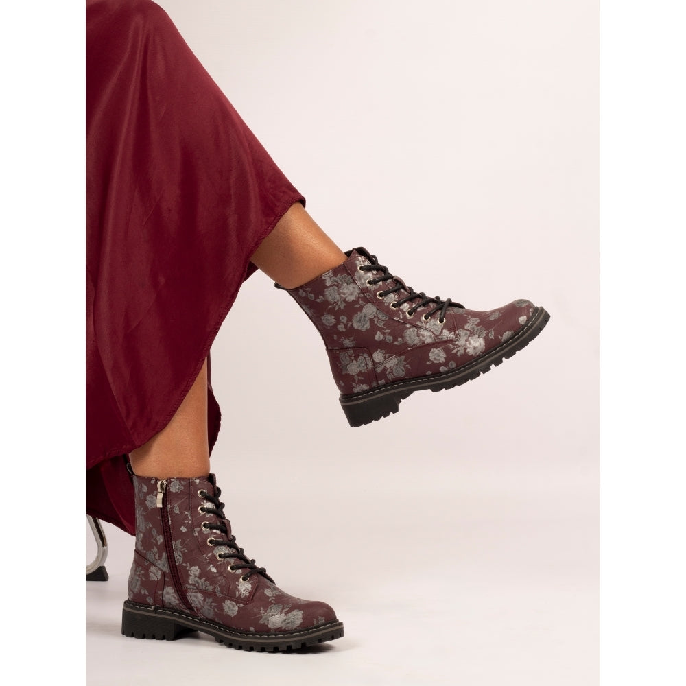 Lunar Dazzle Women's Combat Style Lace Up / Zip Up Ankle Boot Floral Burgundy