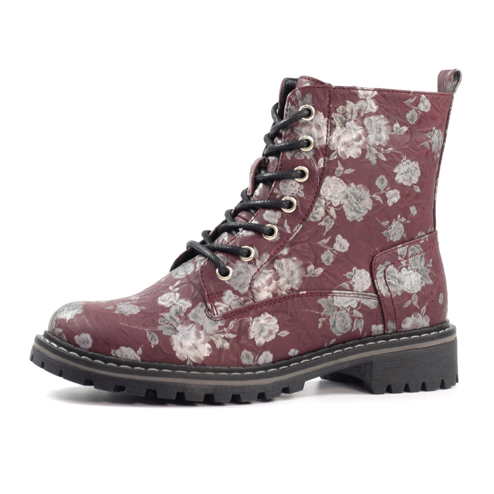 Lunar Dazzle Women's Combat Style Lace Up / Zip Up Ankle Boot Floral Burgundy