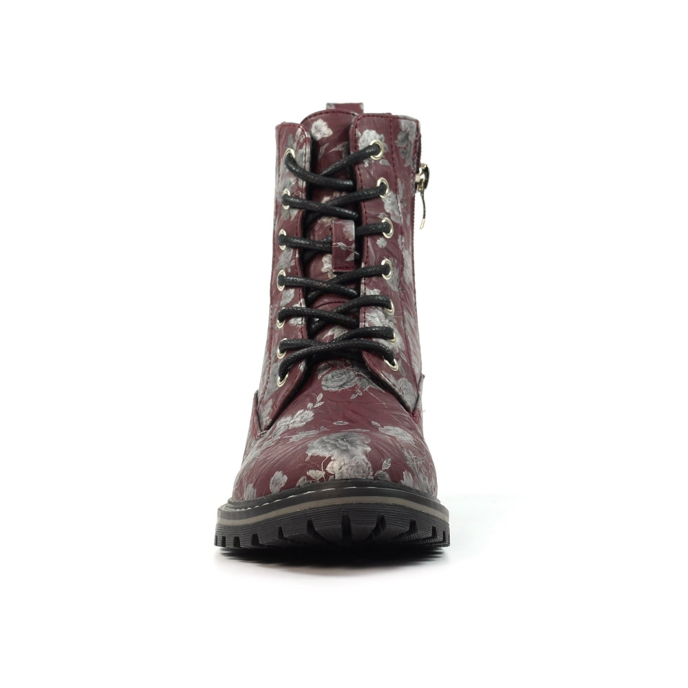 Lunar Dazzle Women's Combat Style Lace Up / Zip Up Ankle Boot Floral Burgundy