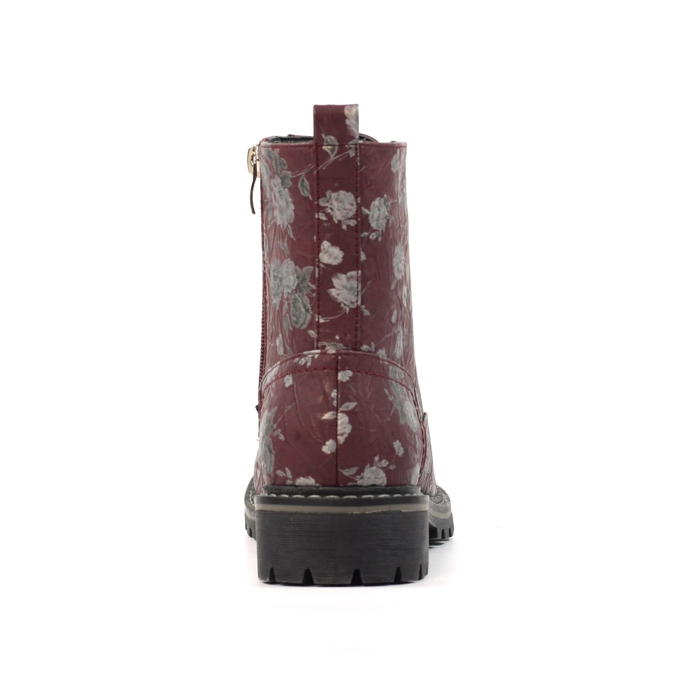 Lunar Dazzle Women's Combat Style Lace Up / Zip Up Ankle Boot Floral Burgundy