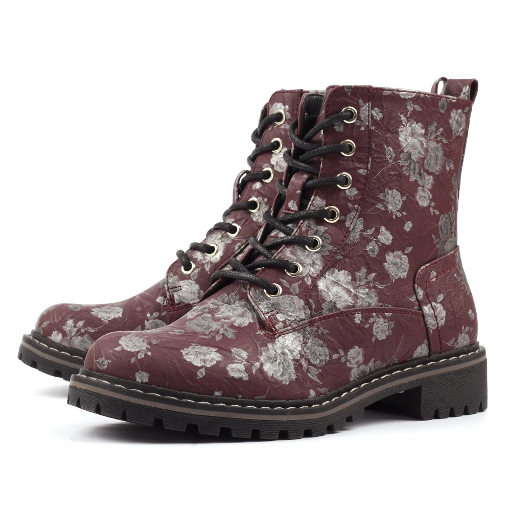 Lunar Dazzle Women's Combat Style Lace Up / Zip Up Ankle Boot Floral Burgundy