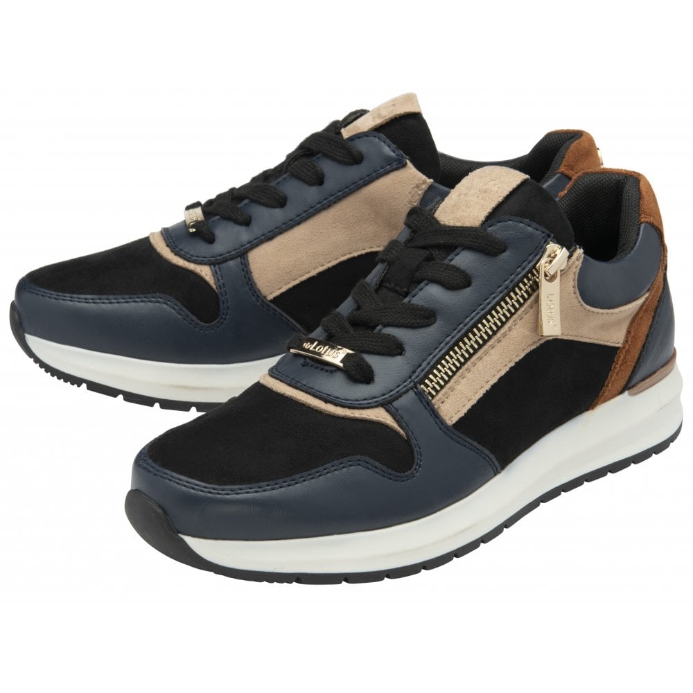 Lotus Venus Women's Zip Up / Lace Up Wedge Trainer Navy Tan