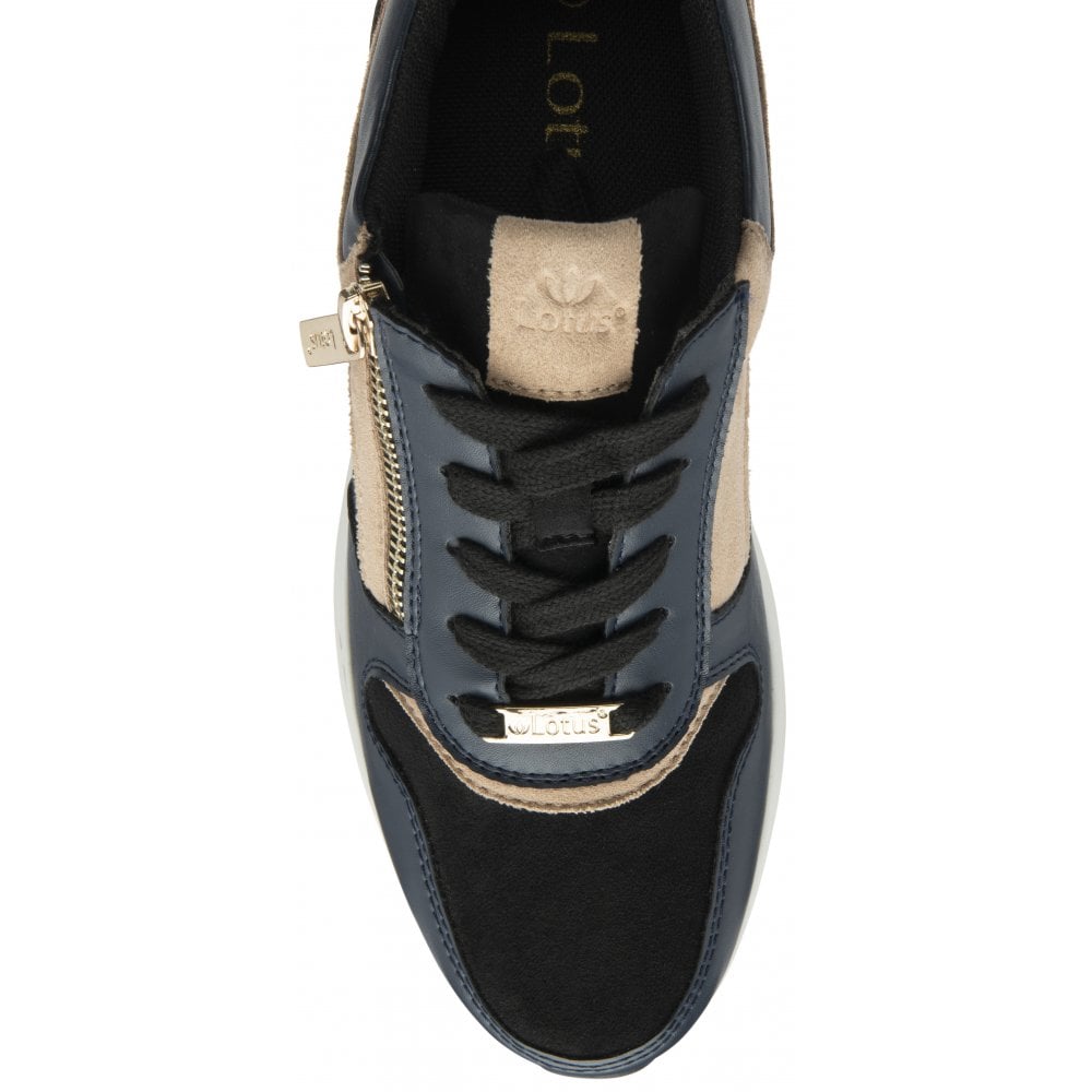Lotus Venus Women's Zip Up / Lace Up Wedge Trainer Navy Tan