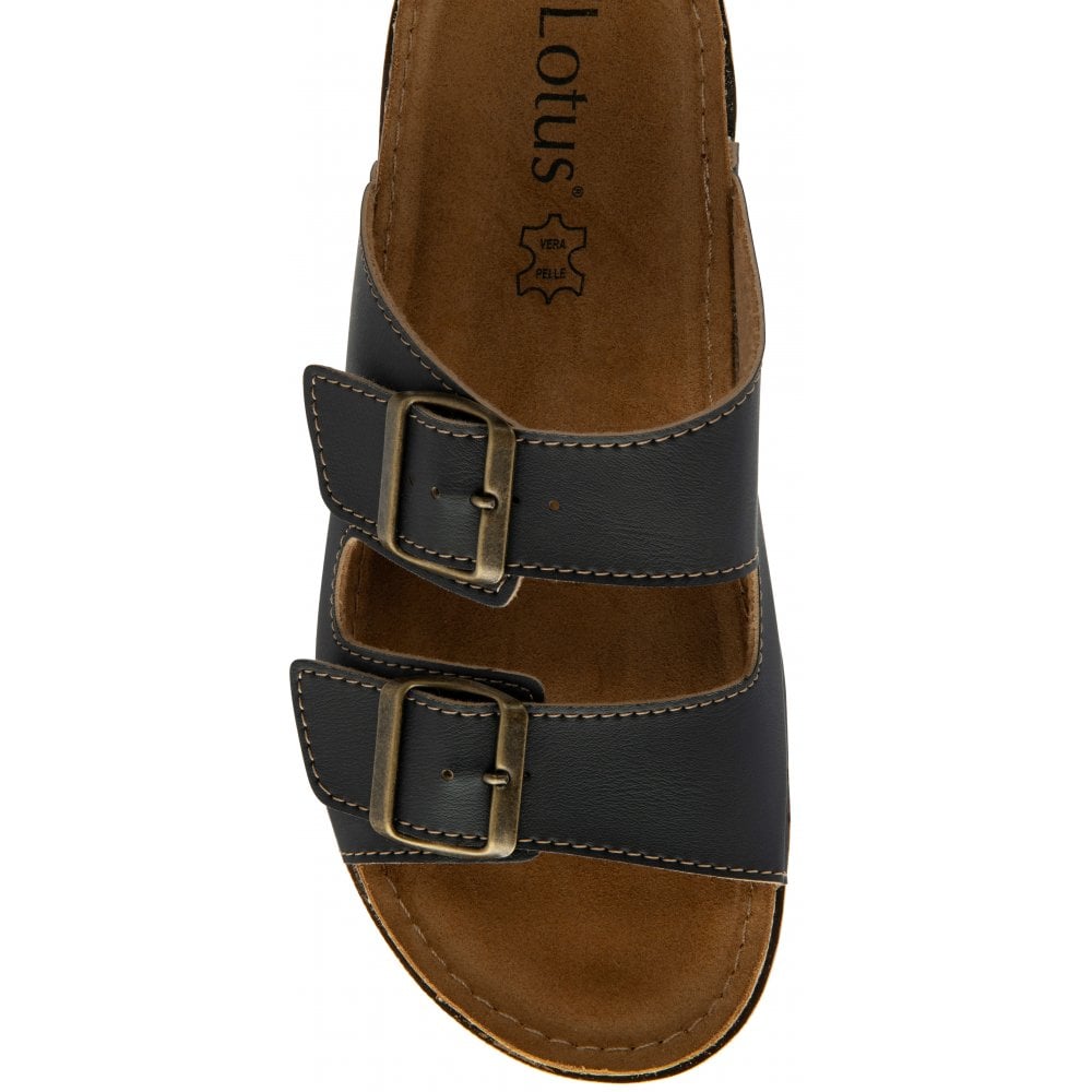 Lotus Rome Women's Twin Buckle Slide On Sandal Black