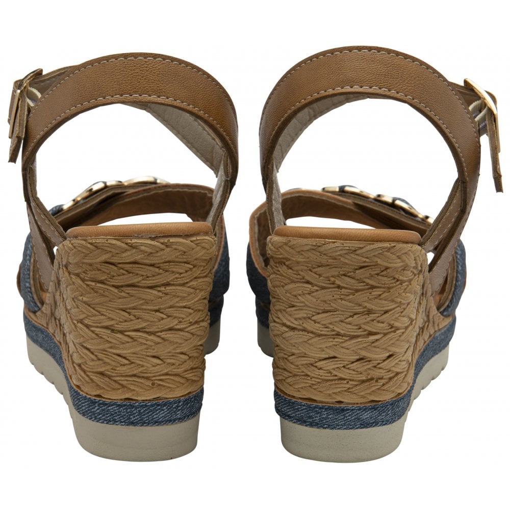 Lotus Solena Women's Ankle Strap Open Toe Wedge Sandal Tan / Denim