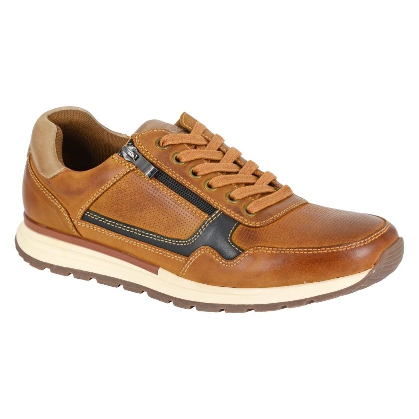 Route 21 Men's 6 Eye Casual Zip Up Leisure Trainer Leather Tan/Camel