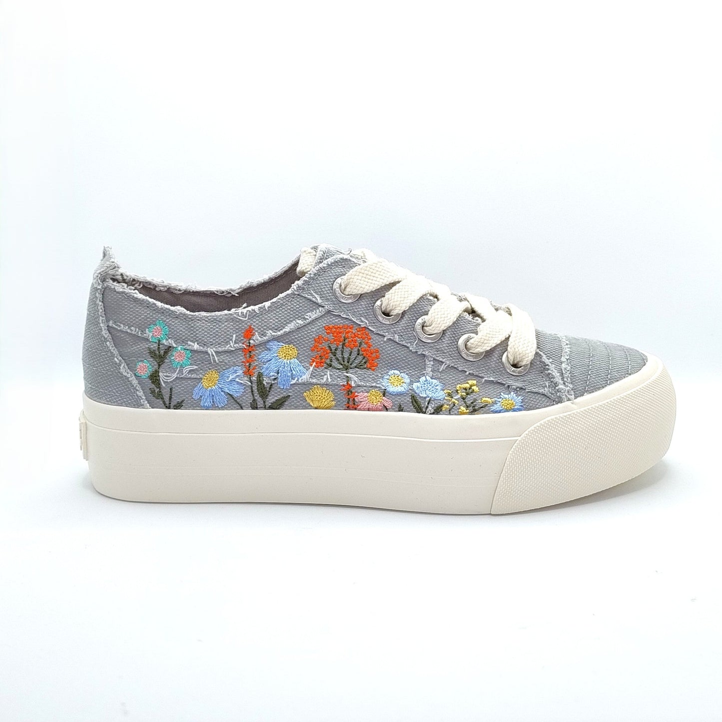Blowfish Malibu Sadie Sun Women's Floral Embroidered Lace Up Platform Trainer Fog Grey