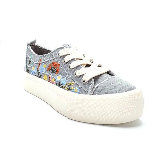 Blowfish Malibu Sadie Sun Women's Floral Embroidered Lace Up Platform Trainer Fog Grey