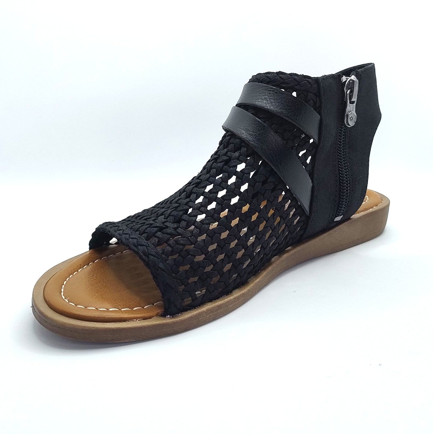 Blowfish Malibu Dream Women's Vegan Fabric Mesh Zip Up Low Wedge Sandal Black