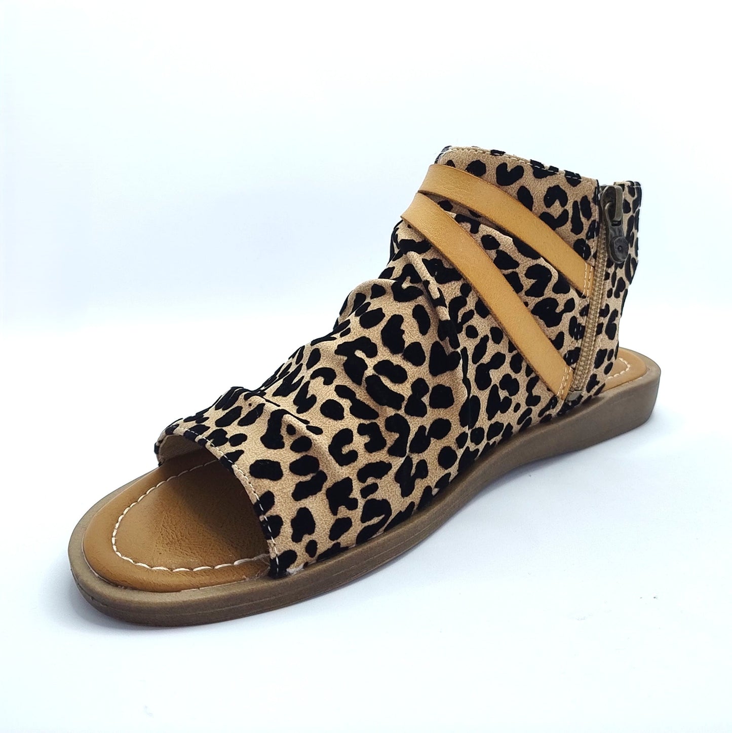 Blowfish Malibu Denver Women's Vegan Zip Up Low Wedge Sandal Sand Pixie Leopard