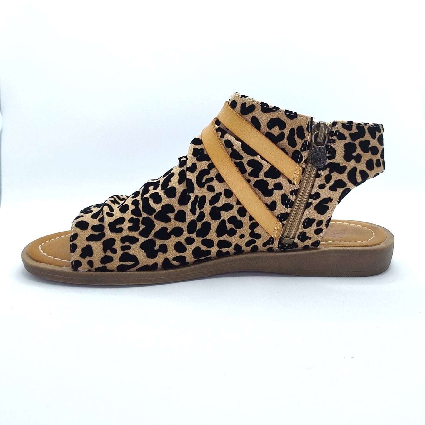 Blowfish Malibu Denver Women's Vegan Zip Up Low Wedge Sandal Sand Pixie Leopard