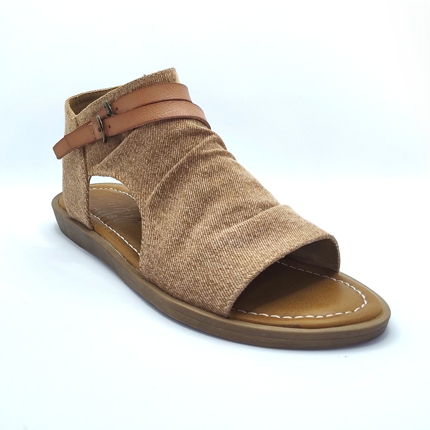 Blowfish Malibu Denver Women's Vegan Zip Up Low Wedge Sandal Sand Denim
