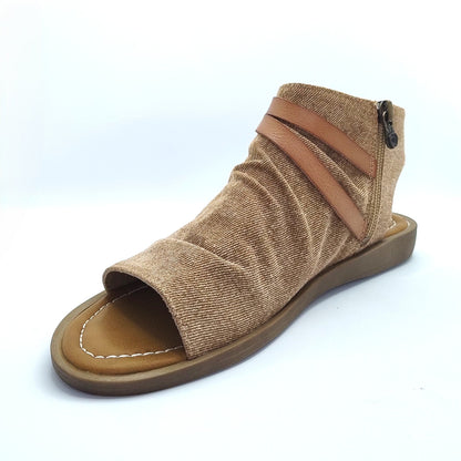 Blowfish Malibu Denver Women's Vegan Zip Up Low Wedge Sandal Sand Denim