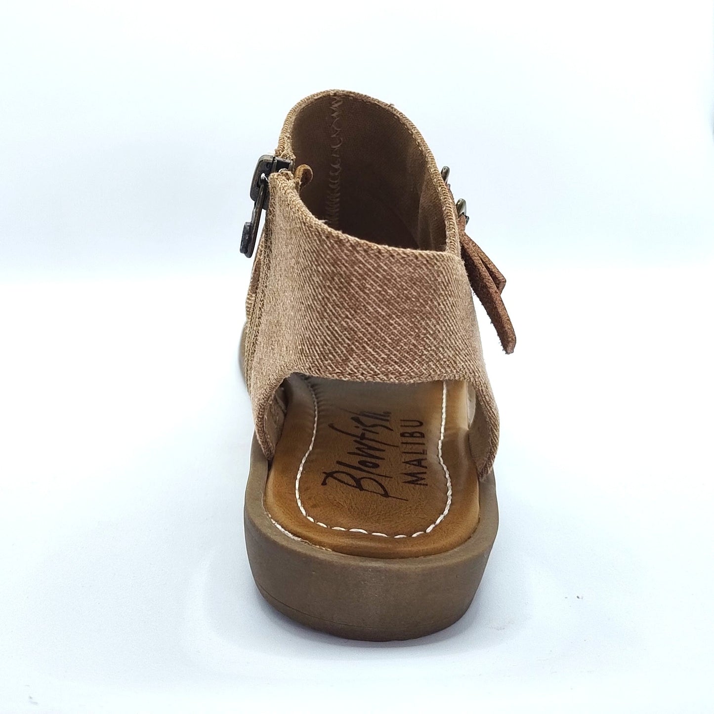 Blowfish Malibu Denver Women's Vegan Zip Up Low Wedge Sandal Sand Denim