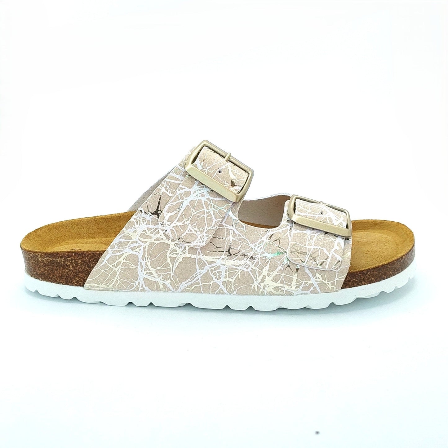 Cosmos Comfort Venus 6108734-4 Women's Twin Strap Adjustable Buckle Metallic Lightning Design Mule Sandal Beige