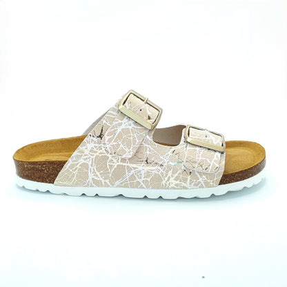 Cosmos Comfort Venus 6108734-4 Women's Twin Strap Adjustable Buckle Metallic Lightning Design Mule Sandal Beige