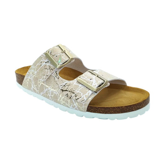 Cosmos Comfort Venus 6108734-4 Women's Twin Strap Adjustable Buckle Metallic Lightning Design Mule Sandal Beige