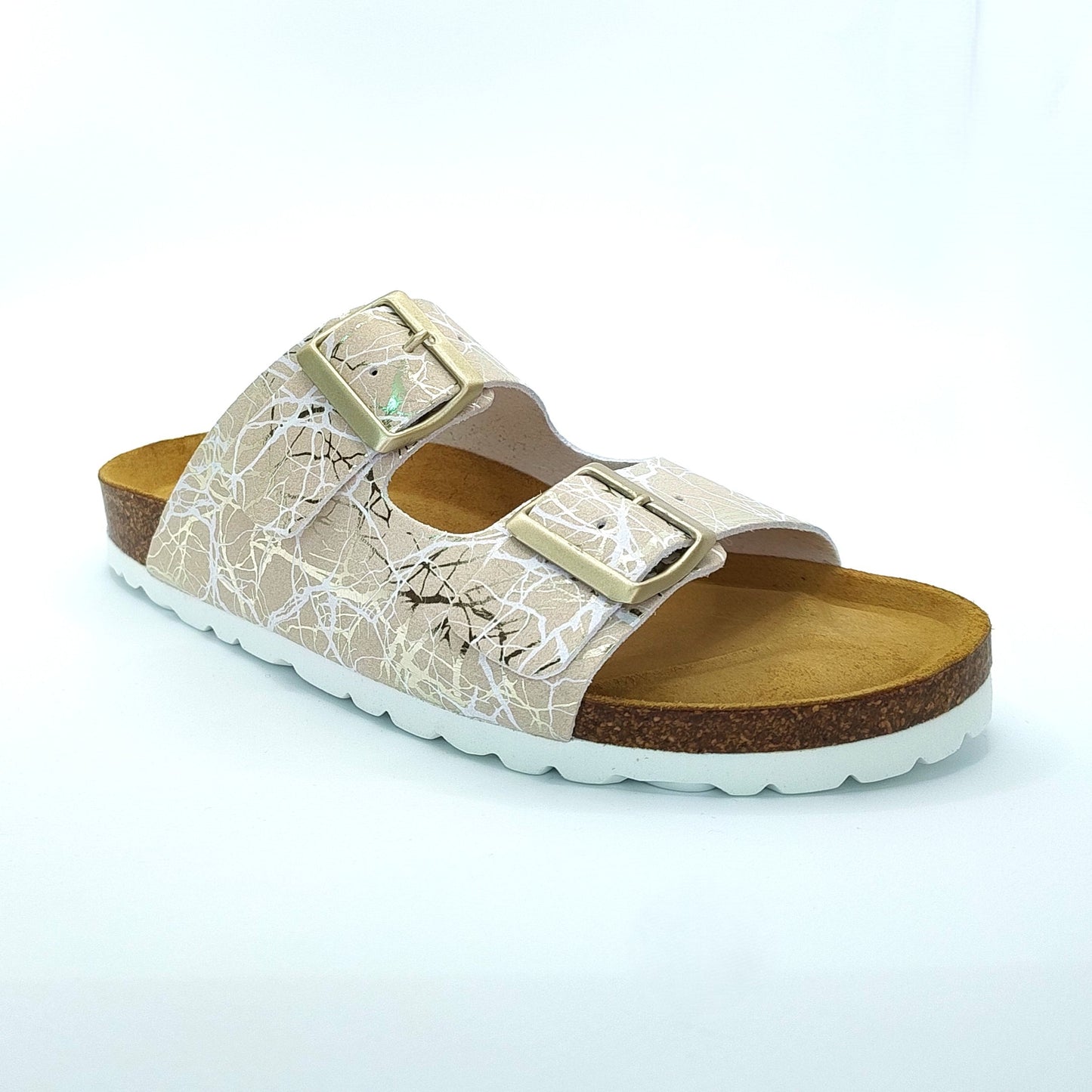 Cosmos Comfort Venus 6108734-4 Women's Twin Strap Adjustable Buckle Metallic Lightning Design Mule Sandal Beige