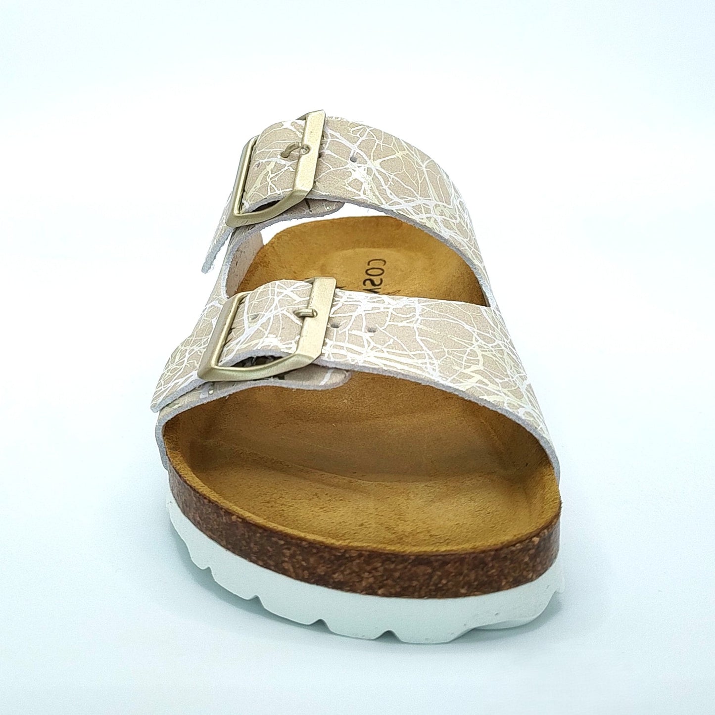 Cosmos Comfort Venus 6108734-4 Women's Twin Strap Adjustable Buckle Metallic Lightning Design Mule Sandal Beige