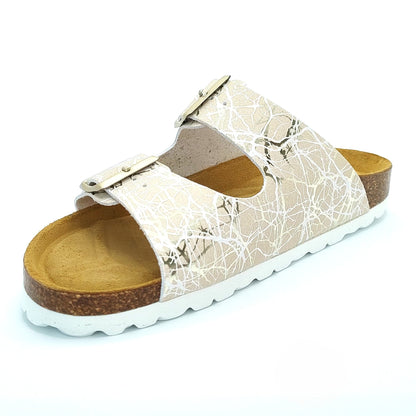 Cosmos Comfort Venus 6108734-4 Women's Twin Strap Adjustable Buckle Metallic Lightning Design Mule Sandal Beige