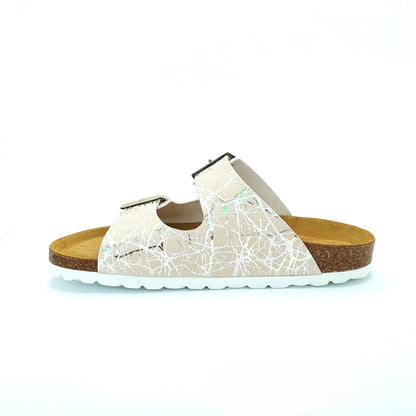 Cosmos Comfort Venus 6108734-4 Women's Twin Strap Adjustable Buckle Metallic Lightning Design Mule Sandal Beige