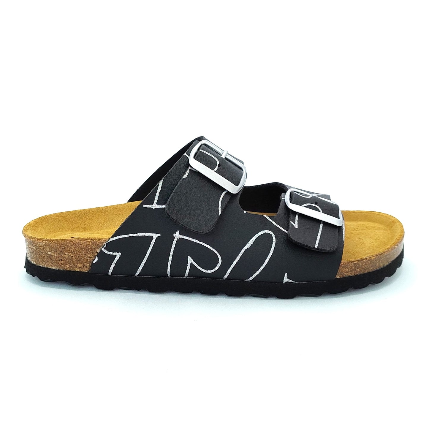 Cosmos Comfort Charon 6108726-9 Women's Twin Strap Adjustable Buckle Glitter Heart Design Mule Sandal Black