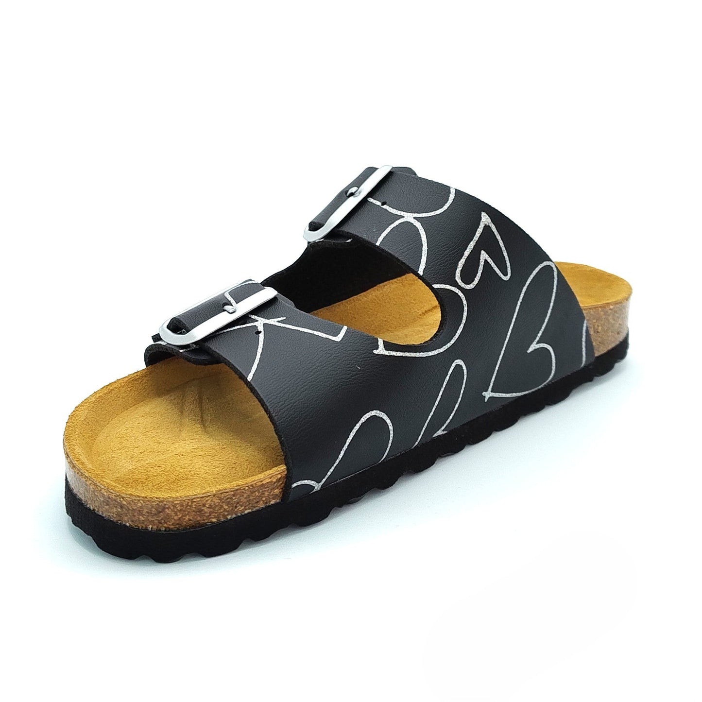 Cosmos Comfort Charon 6108726-9 Women's Twin Strap Adjustable Buckle Glitter Heart Design Mule Sandal Black