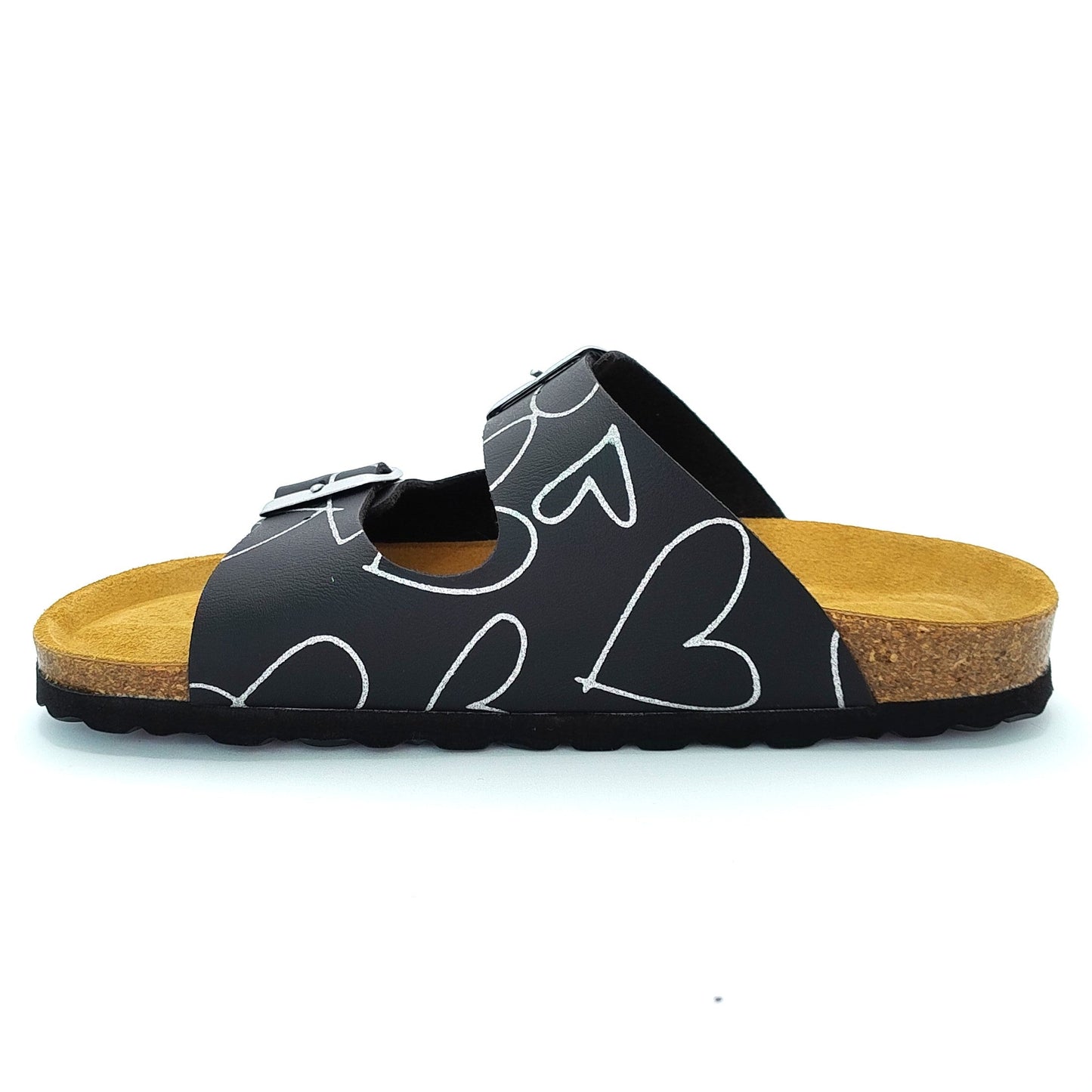 Cosmos Comfort Charon 6108726-9 Women's Twin Strap Adjustable Buckle Glitter Heart Design Mule Sandal Black