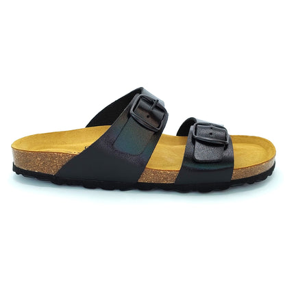 Cosmos Comfort Neptune 6108701-9 Women's Twin Strap Adjustable Buckle Mule Sandal Metallic Black