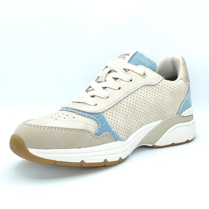 Mustang Dover 1512-302-488 Women's Lace Up Funky Retro Trainer Beige/Light Blue