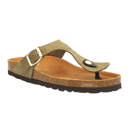 Cosmos Comfort Mercury 6186716-777 Women's Leather Toe Post Slide On Mule Sandal Khaki