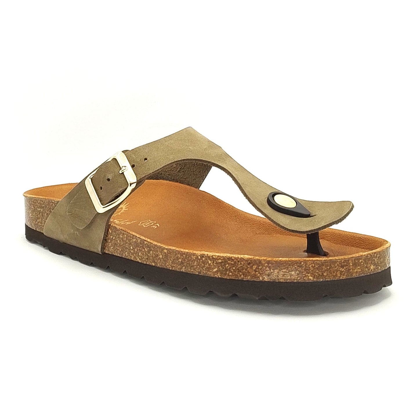 Cosmos Comfort Mercury 6186716-777 Women's Leather Toe Post Slide On Mule Sandal Khaki