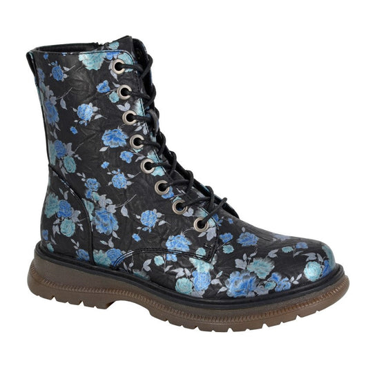 Cipriata Annetta Women's Lace/Zip Military Style Memory Foam Boot Black Blue Floral