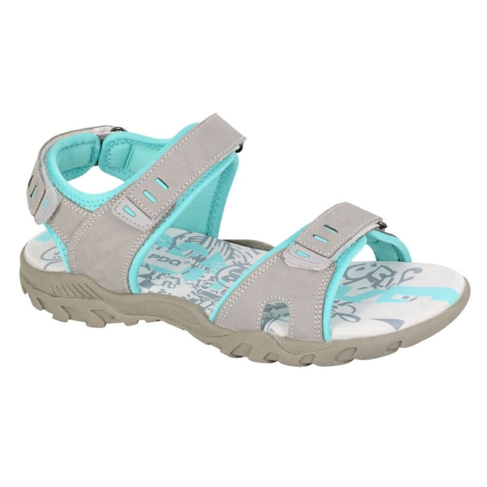 PDQ Ladies 3 Strap Touch Fastening Walking Sandal Grey Mint
