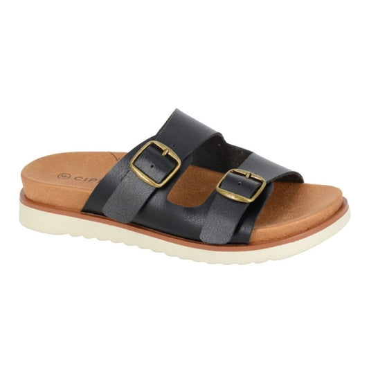 Cipriata Tiberia Women's Twin Buckle Fastening Strap Slip On Mule Slider Black