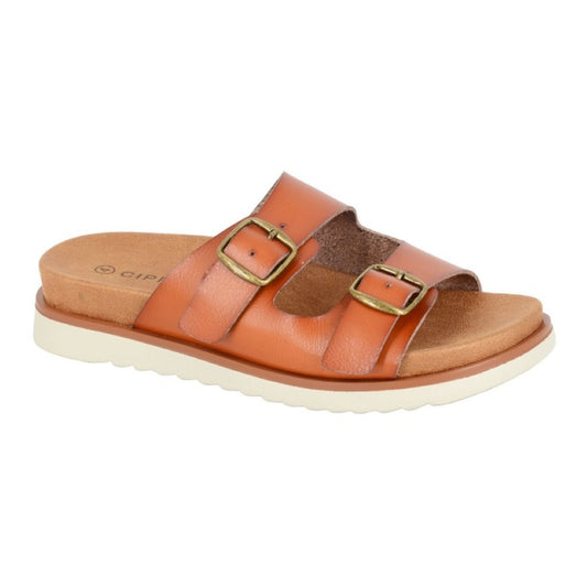 Cipriata Tiberia Women's Twin Buckle Fastening Strap Slip On Mule Slider Tan