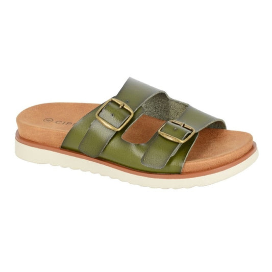 Cipriata Tiberia Women's Twin Buckle Fastening Strap Slip On Mule Slider Green